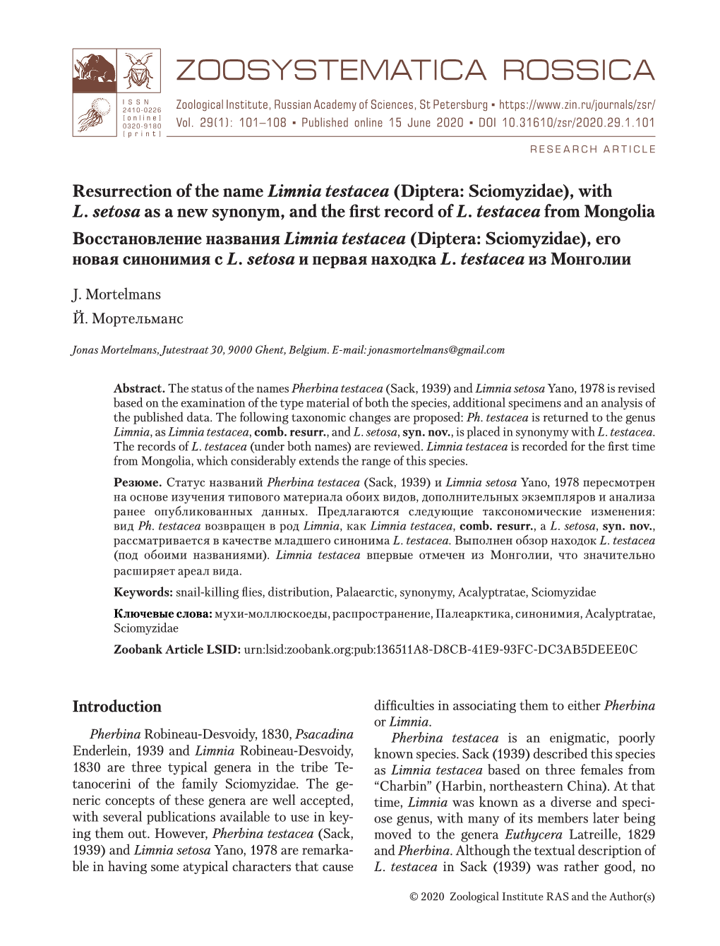 Resurrection of the Name Limnia Testacea (Diptera: Sciomyzidae), with L