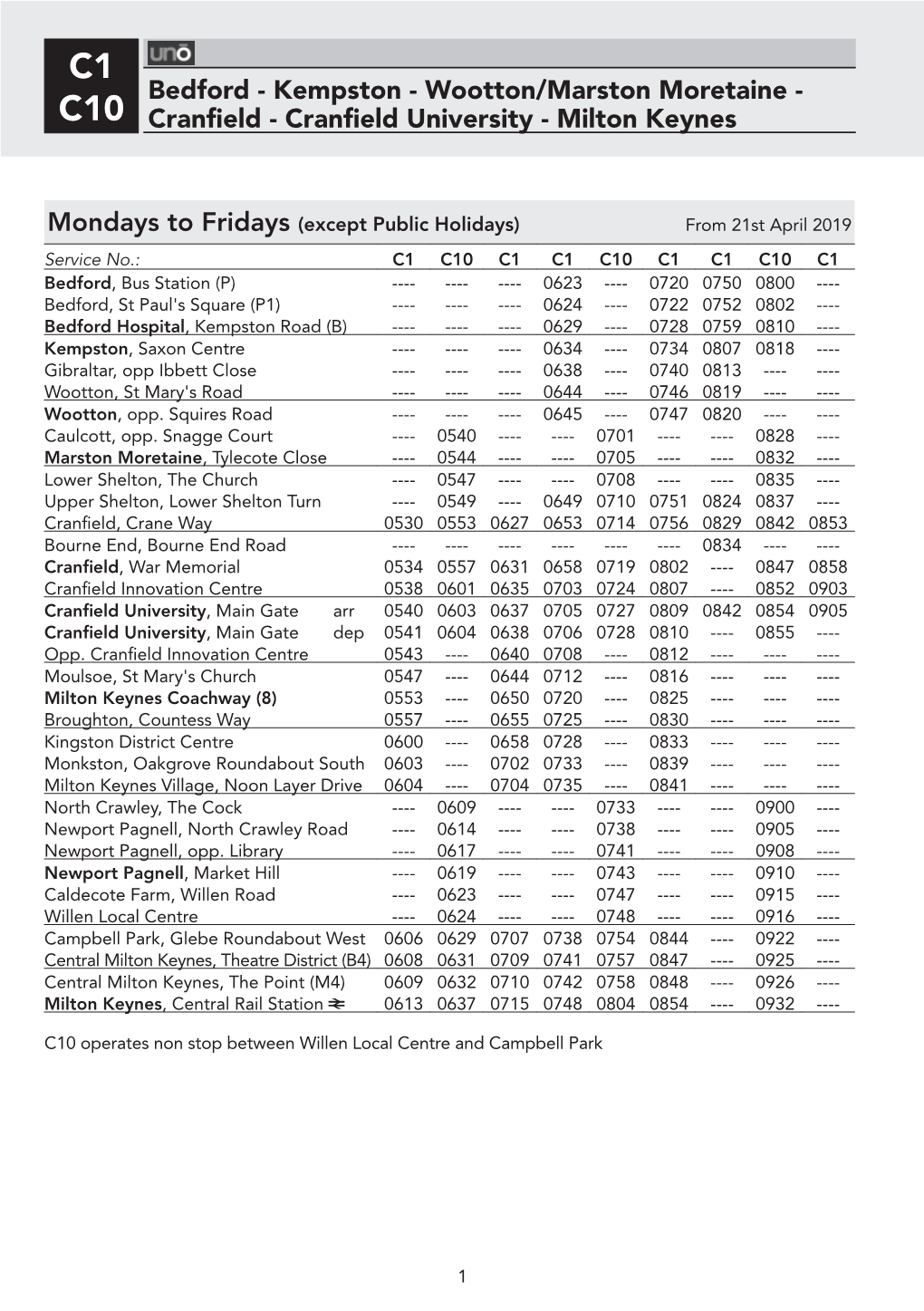C1 Bedford - Kempston - Wootton/Marston Moretaine - C10 Cranfield - Cranfield University - Milton Keynes