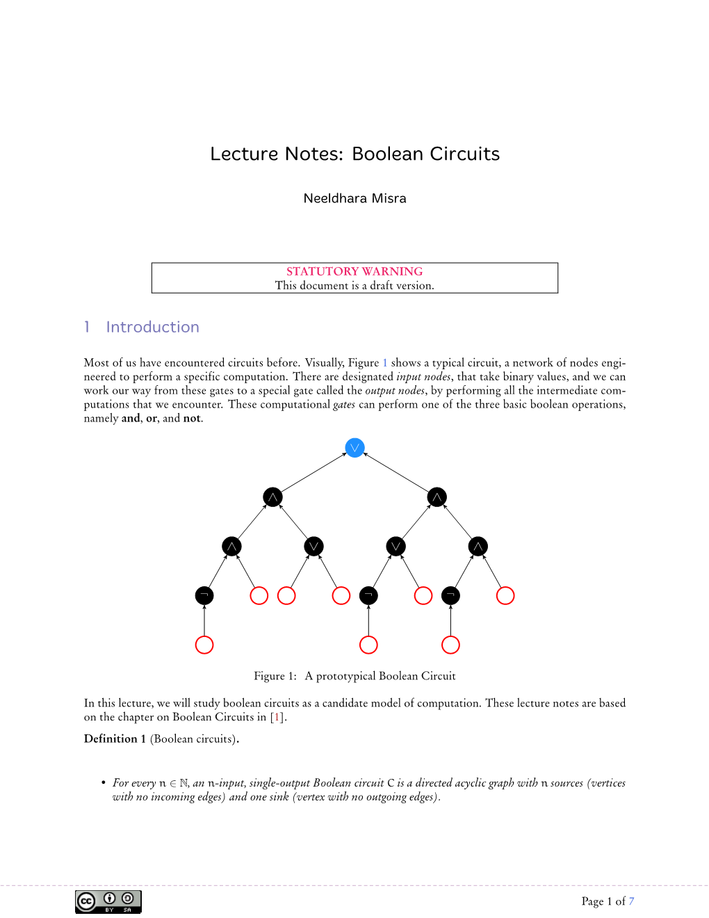 Lecture Notes: Boolean Circuits