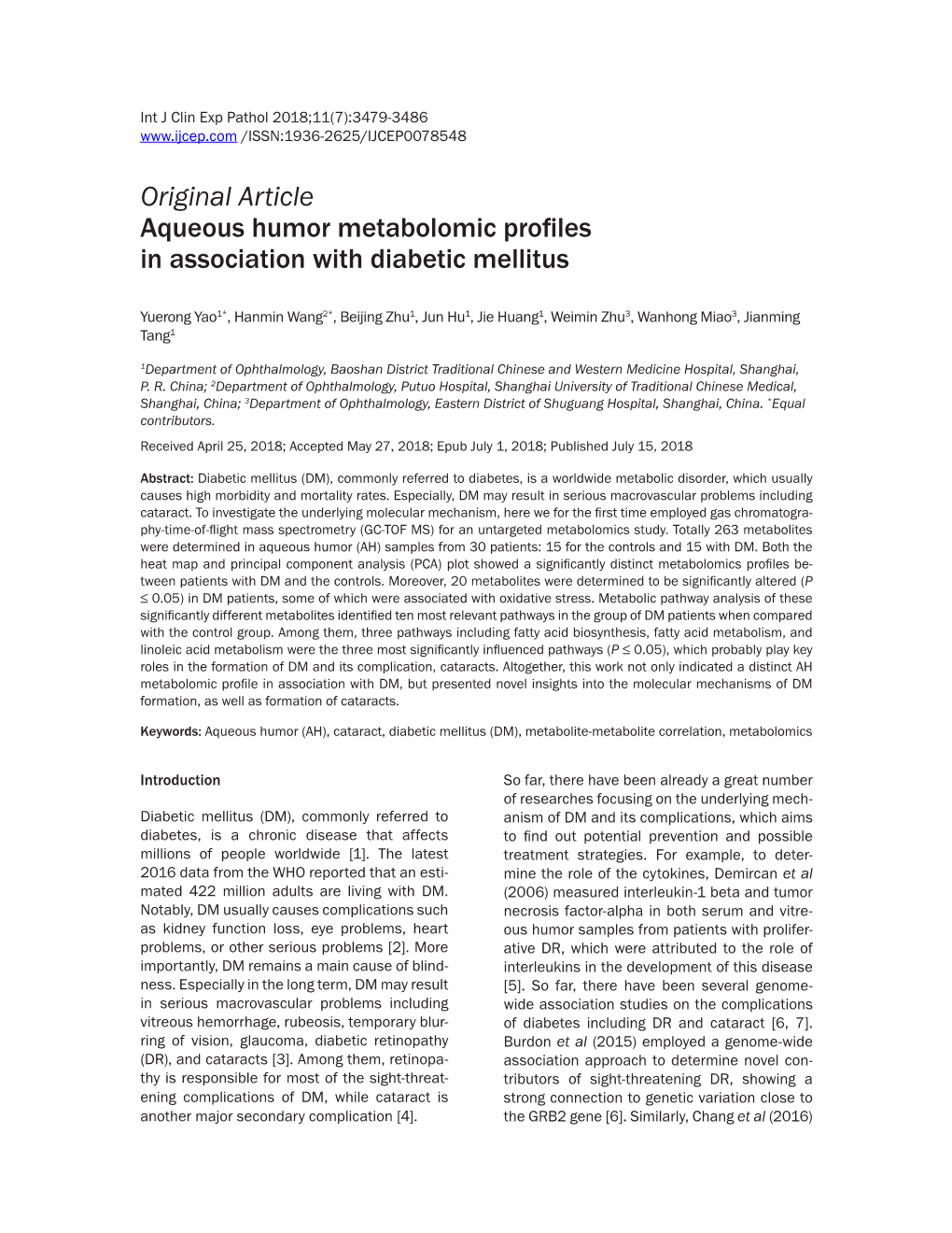 Original Article Aqueous Humor Metabolomic Profiles in Association with Diabetic Mellitus