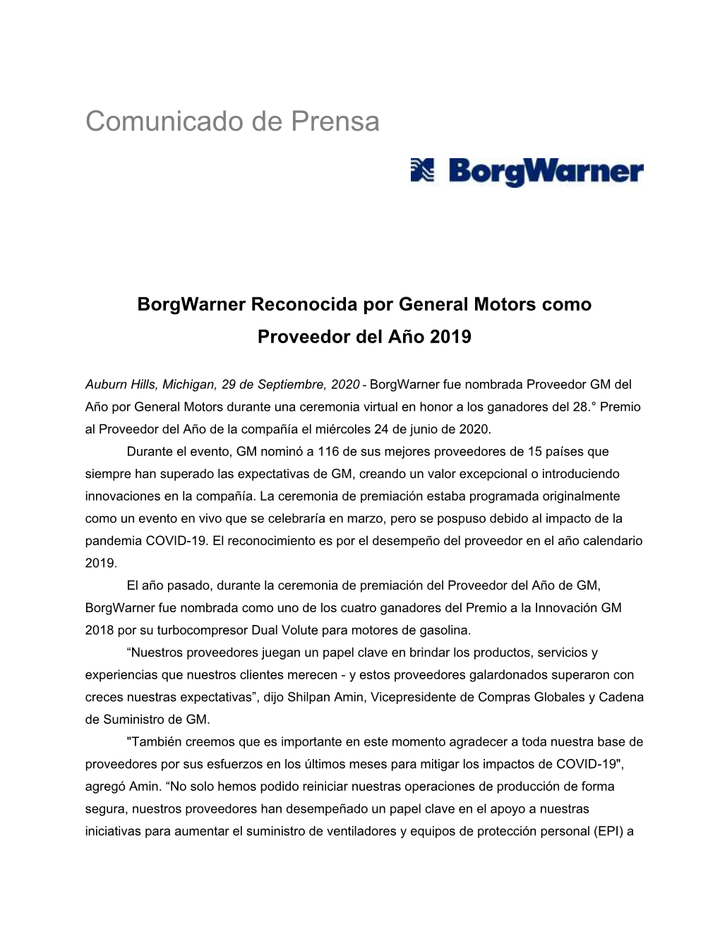 Borgwarner Reconocida Por General Motors Como Proveedor Del Año 2019