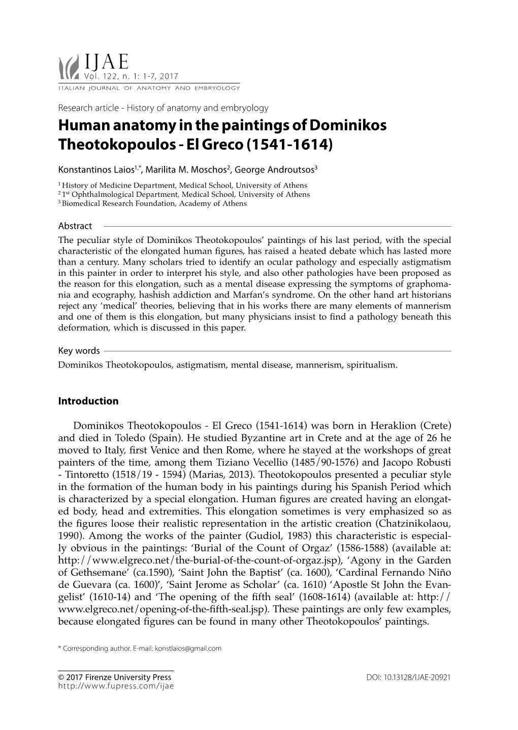 Human Anatomy in the Paintings of Dominikos Theotokopoulos - El Greco (1541-1614)