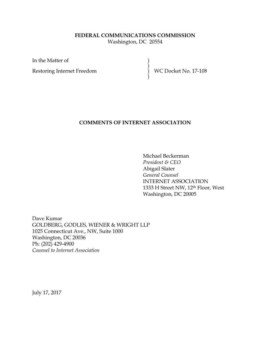 Internet Association Net Neutrality Comments Docket 17-108 F