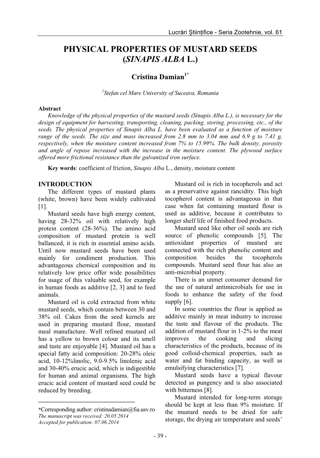 Physical Properties of Mustard Seeds (Sinapis Alba L.)