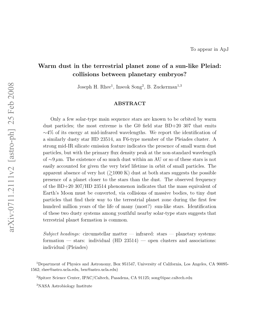 Warm Dust in the Terrestrial Planet Zone of a Sun-Like Pleiad: Collisions Between Planetary Embryos?