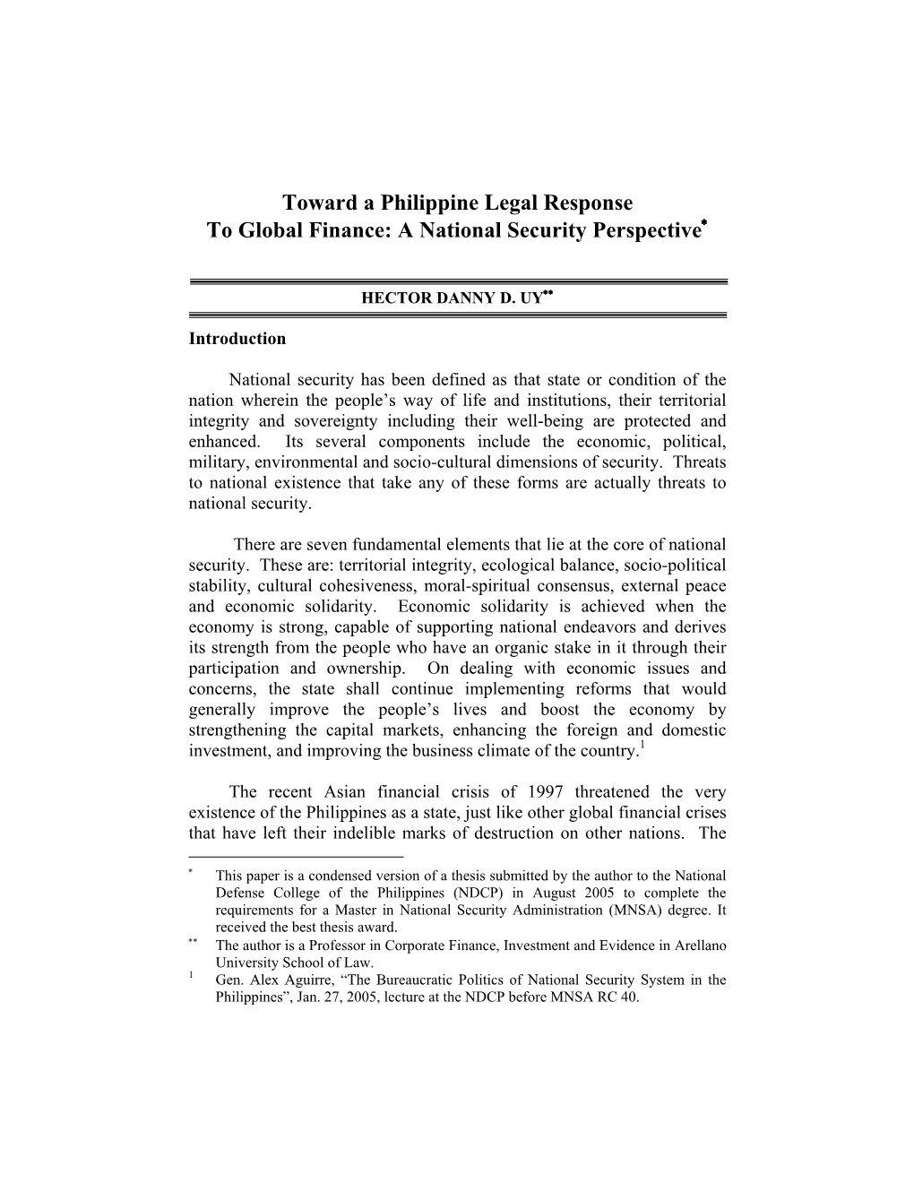 Toward a Philippine Legal Response to Global Finance: a National Security Perspective∗