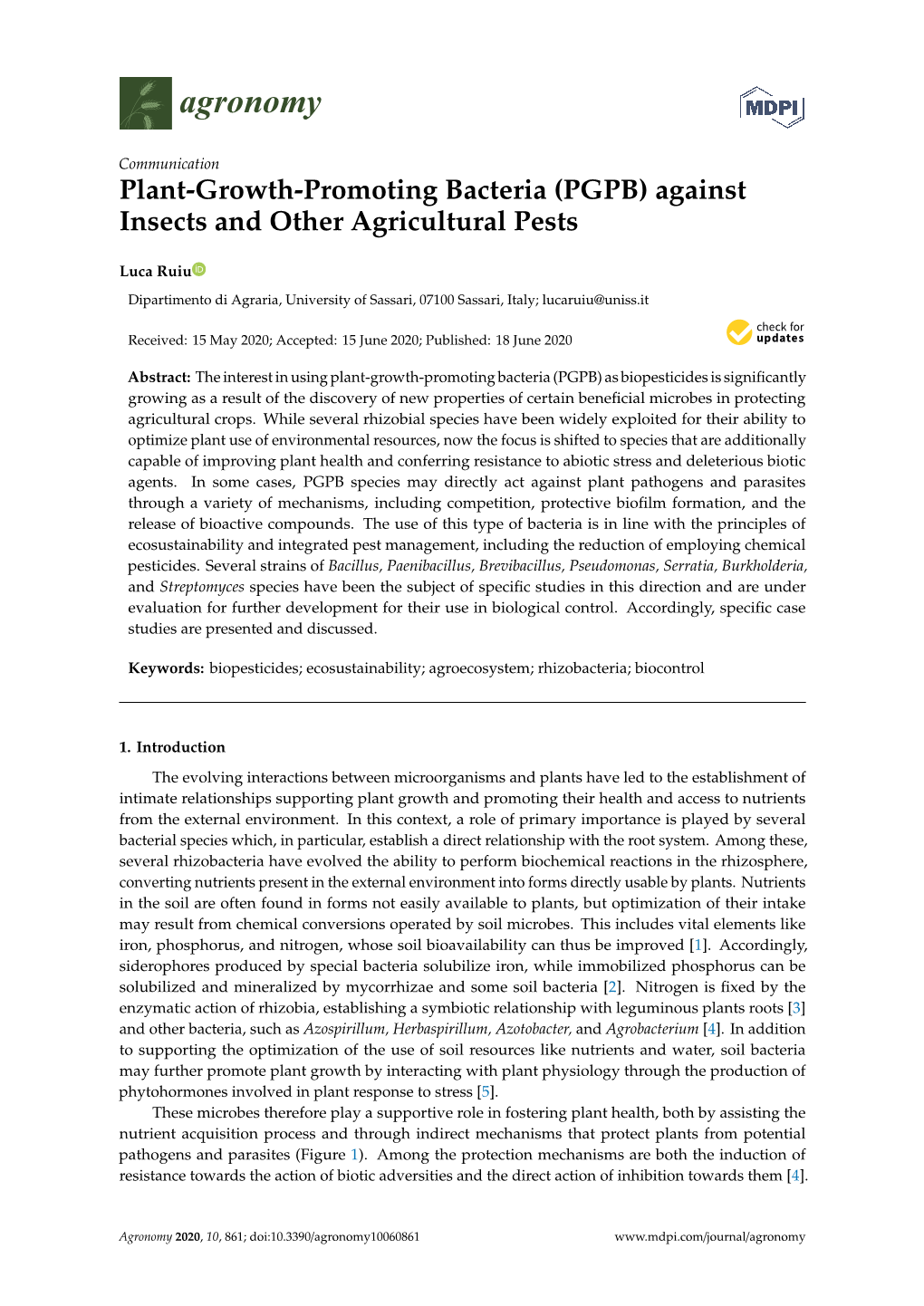 Plant-Growth-Promoting Bacteria (PGPB) Against Insects and Other Agricultural Pests