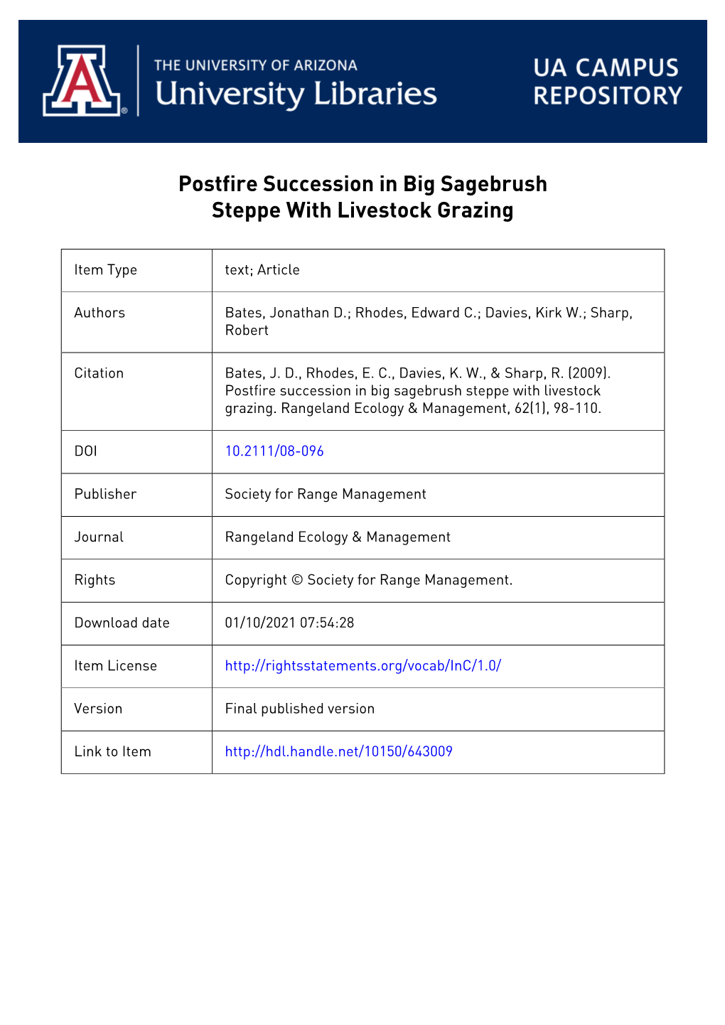 Postfire Succession in Big Sagebrush Steppe with Livestock Grazing