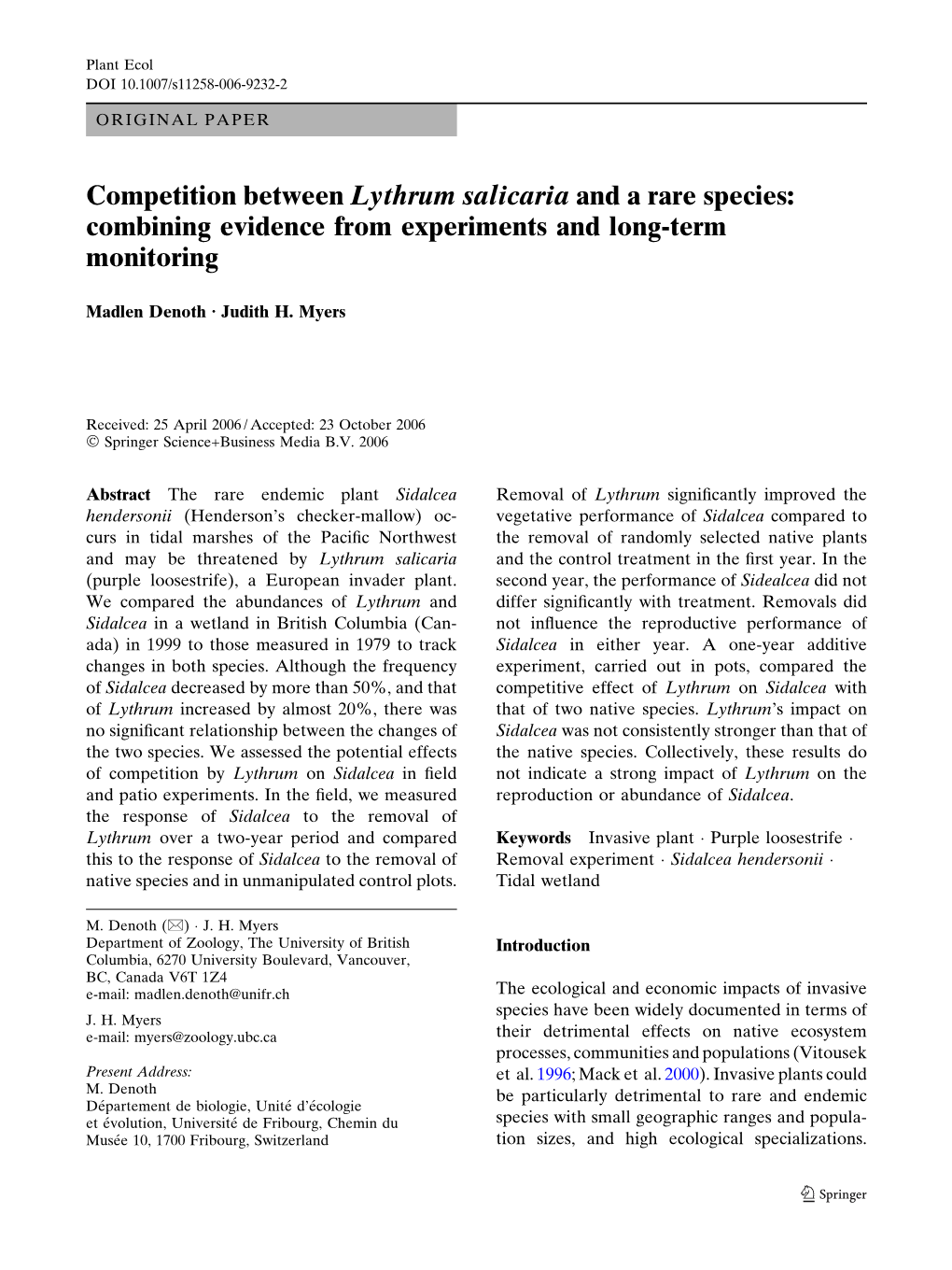 Competition Between Lythrum Salicaria and a Rare Species: Combining Evidence from Experiments and Long-Term Monitoring