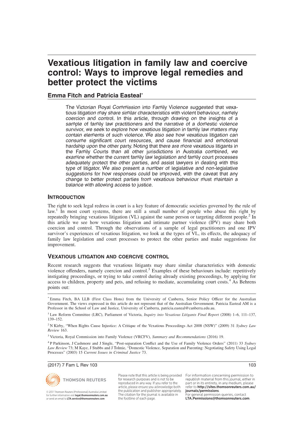 Vexatious Litigation in Family Law and Coercive Control: Ways to Improve Legal Remedies and Better Protect the Victims