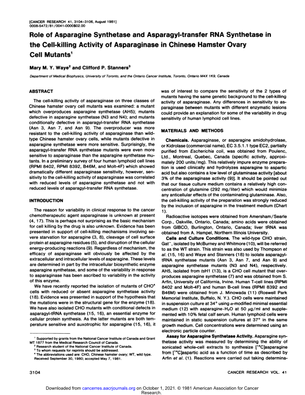 Role of Asparagine Synthetase and Asparagyl-Transfer RNA Synthetase in the Cell-Killing Activity of Asparaginase in Chinese Hamster Ovary Cell Mutants1