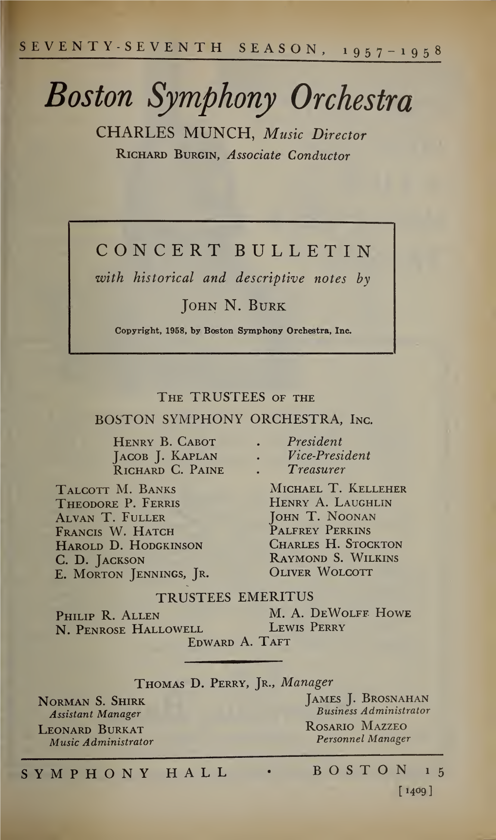 Boston Symphony Orchestra Concert Programs, Season 77, 1957-1958, Subscription