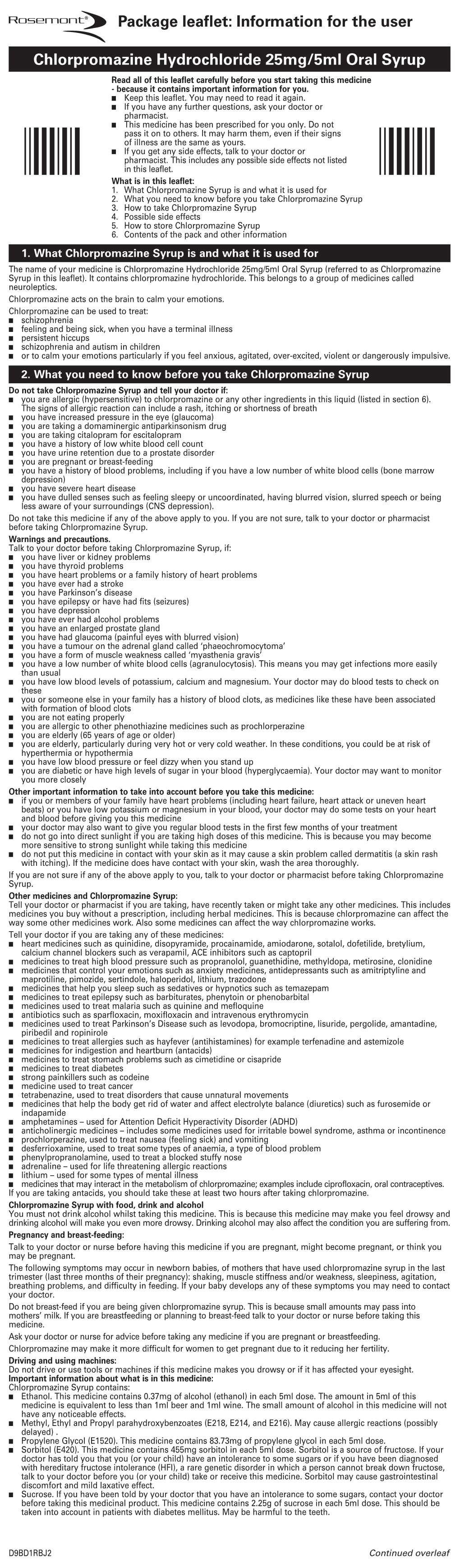 Chlorpromazine Hydrochloride 25Mg/5Ml Oral Syrup Package Leaflet: Information for the User