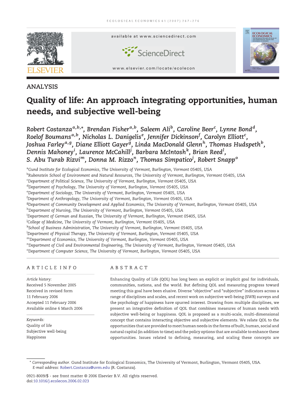 Quality of Life: an Approach Integrating Opportunities, Human Needs, and Subjective Well-Being