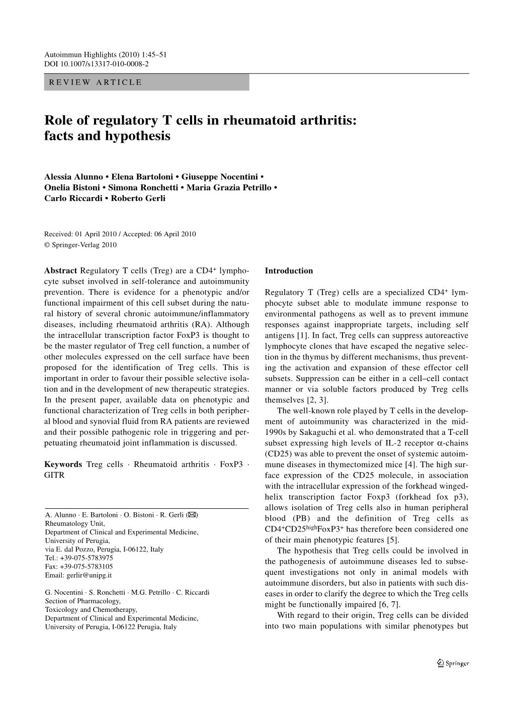 Role of Regulatory T Cells in Rheumatoid Arthritis: Facts and Hypothesis