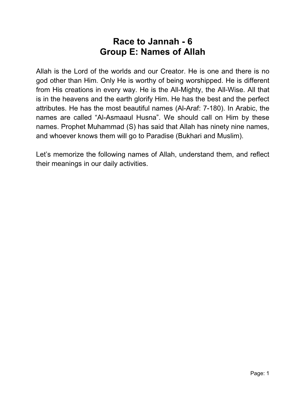 Race to Jannah - 6 Group E: Names of Allah