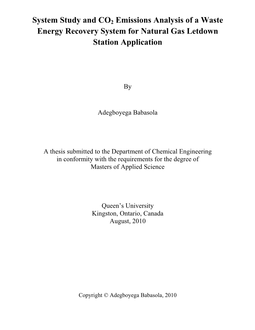 System Study and CO2 Emissions Analysis of a Waste Energy Recovery System for Natural Gas Letdown Station Application