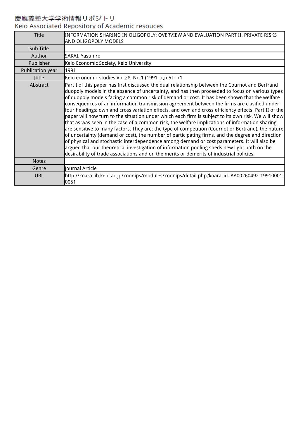 Title INFORMATION SHARING in OLIGOPOLY: OVERVIEW and EVALUATION PART II