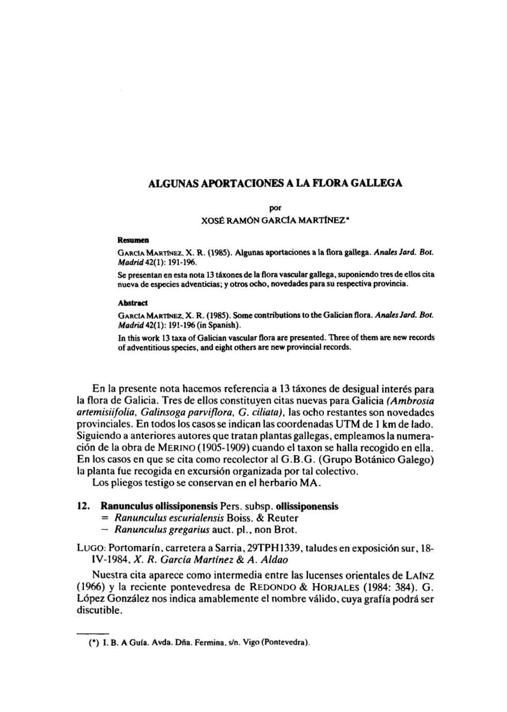 Algunas Aportaciones a La Flora Gallega