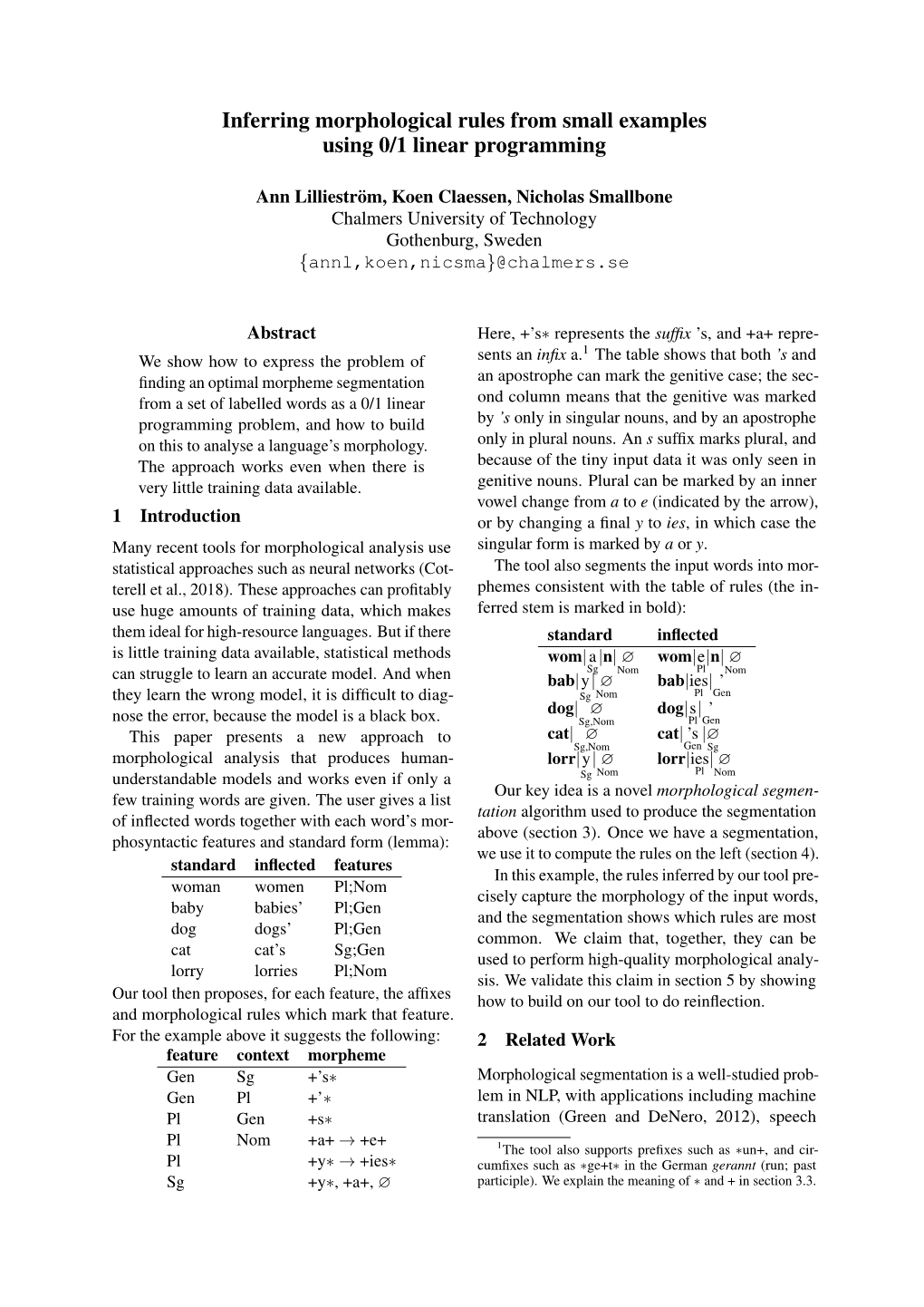 Inferring Morphological Rules from Small Examples Using 0/1 Linear Programming