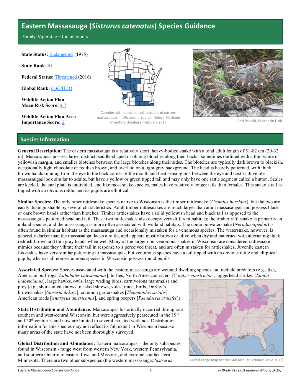 Eastern Massasauga (Sistrurus Catenatus) Species Guidance Family: Viperidae – the Pit Vipers