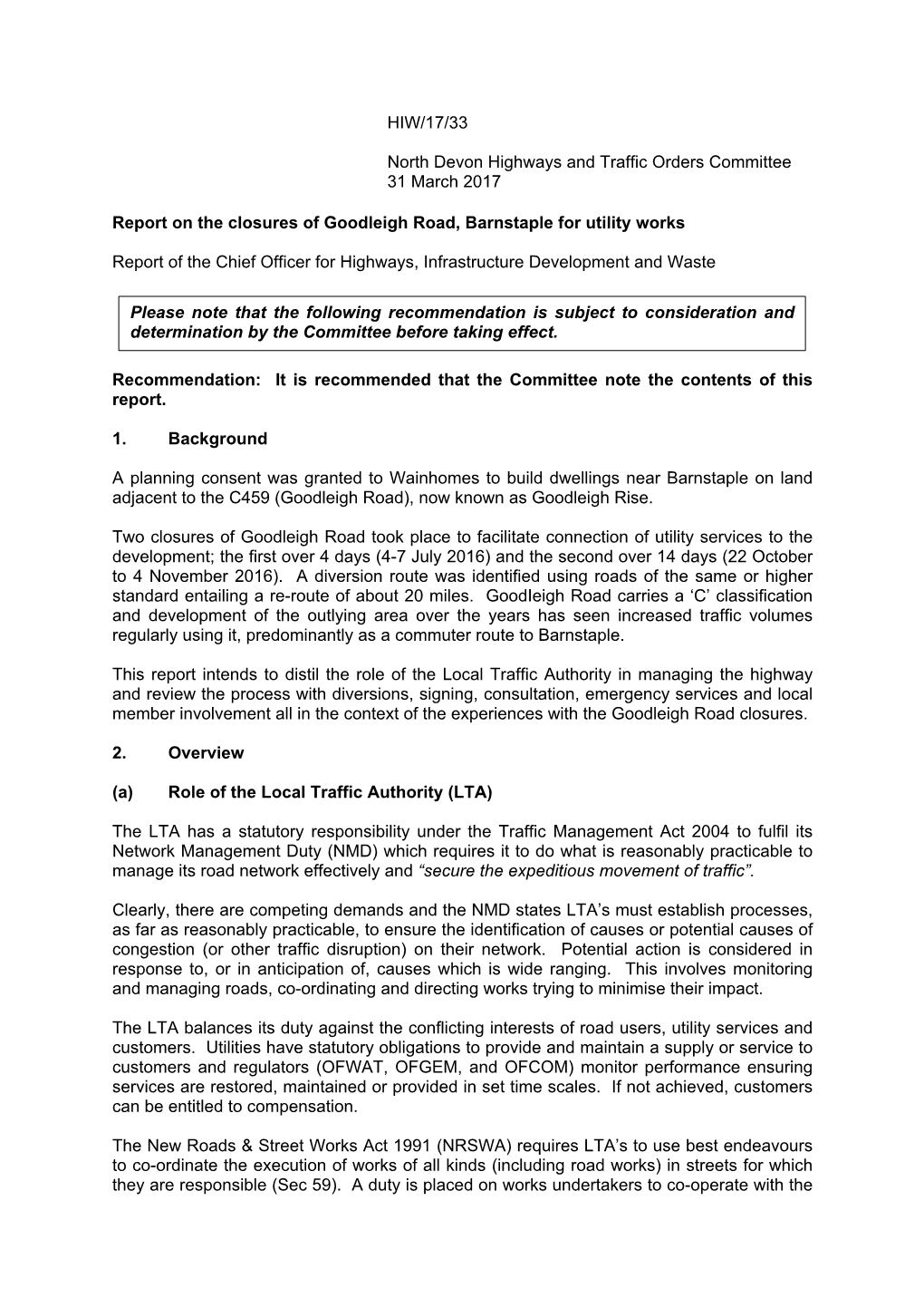 HIW/17/33 North Devon Highways and Traffic Orders Committee 31