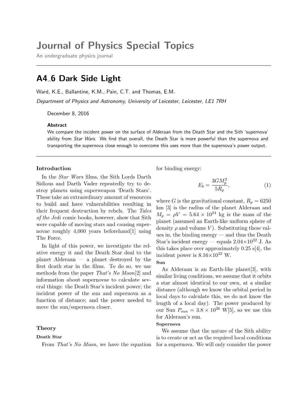 Journal of Physics Special Topics an Undergraduate Physics Journal