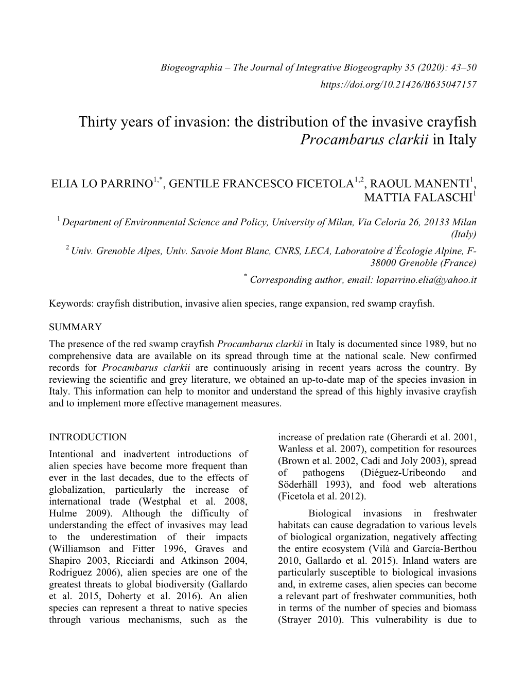 The Distribution of the Invasive Crayfish Procambarus Clarkii in Italy