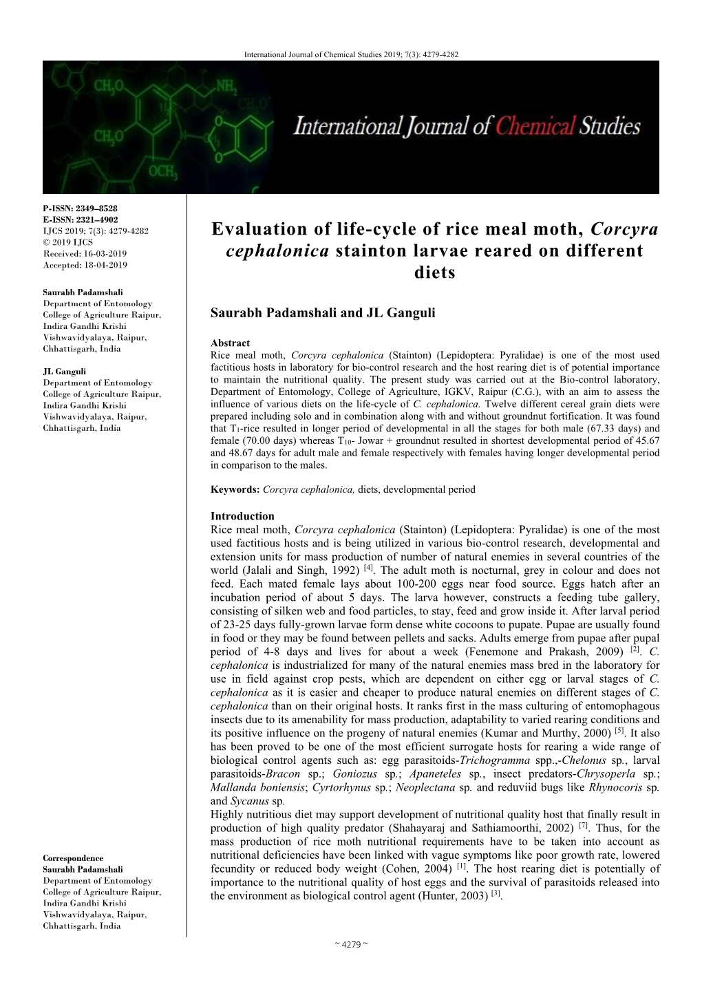 Evaluation of Life-Cycle of Rice Meal Moth, Corcyra Cephalonica Stainton Larvae Reared on Different Diets