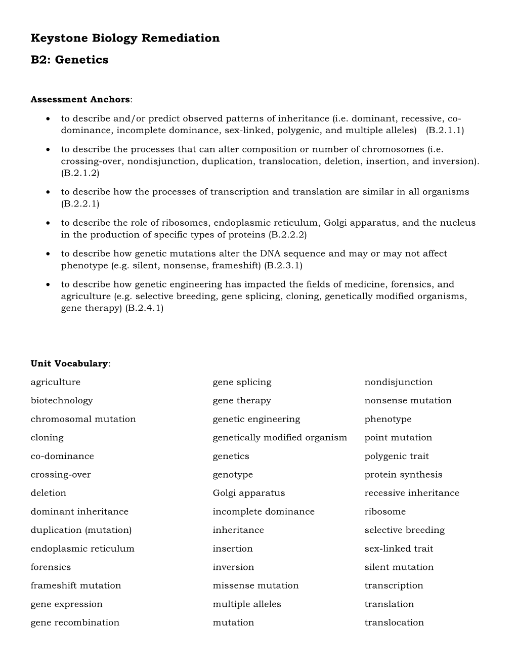 Keystone Biology Remediation B2: Genetics