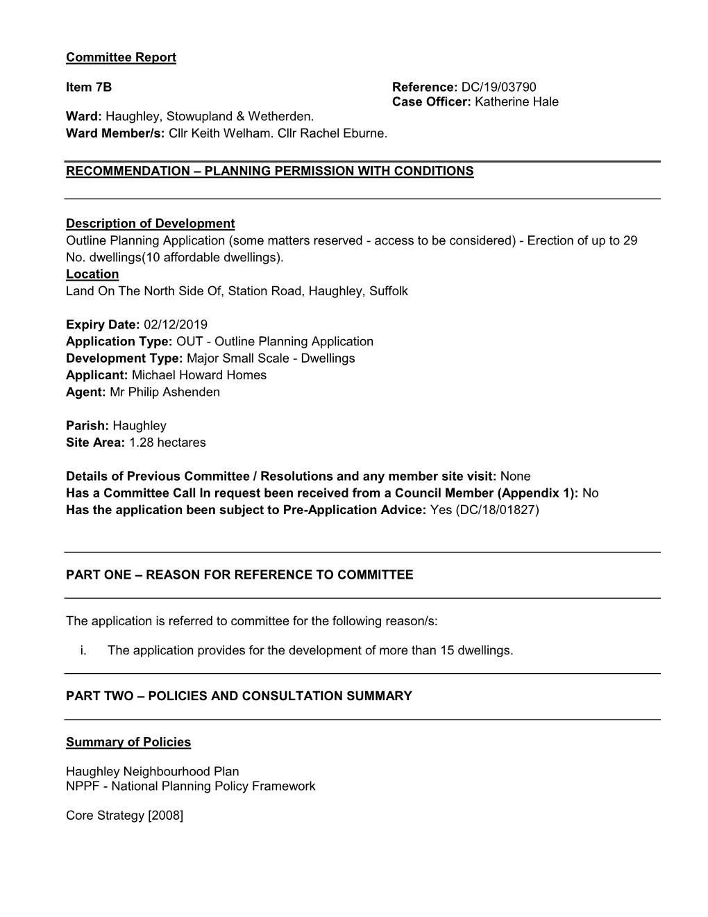 Committee Report Ward: Haughley, Stowupland & Wetherden. Ward