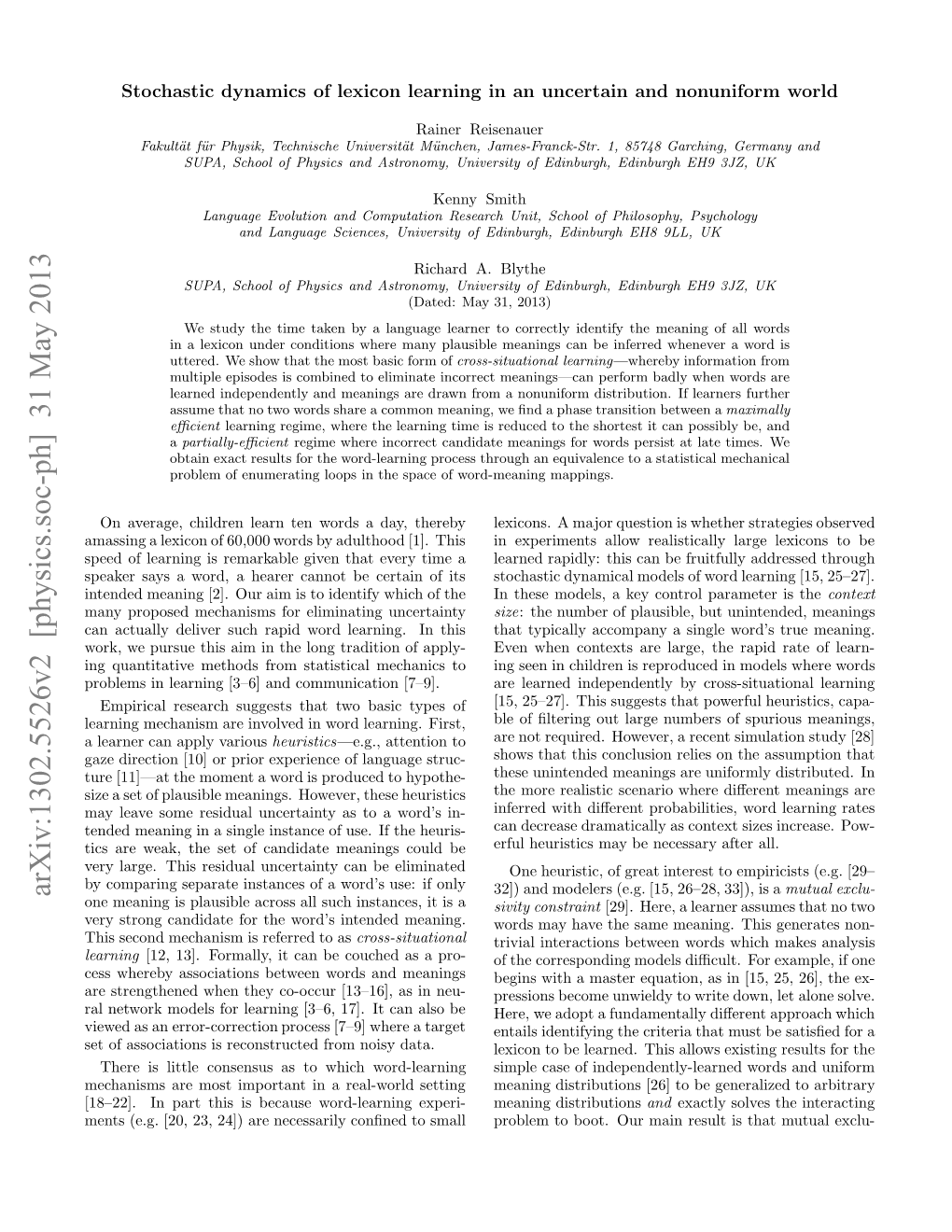 Stochastic Dynamics of Lexicon Learning in an Uncertain And