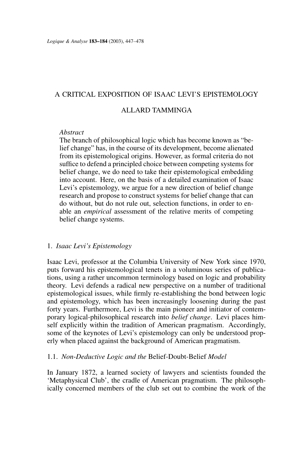 Page 447 a CRITICAL EXPOSITION of ISAAC LEVI's EPISTEMOLOGY