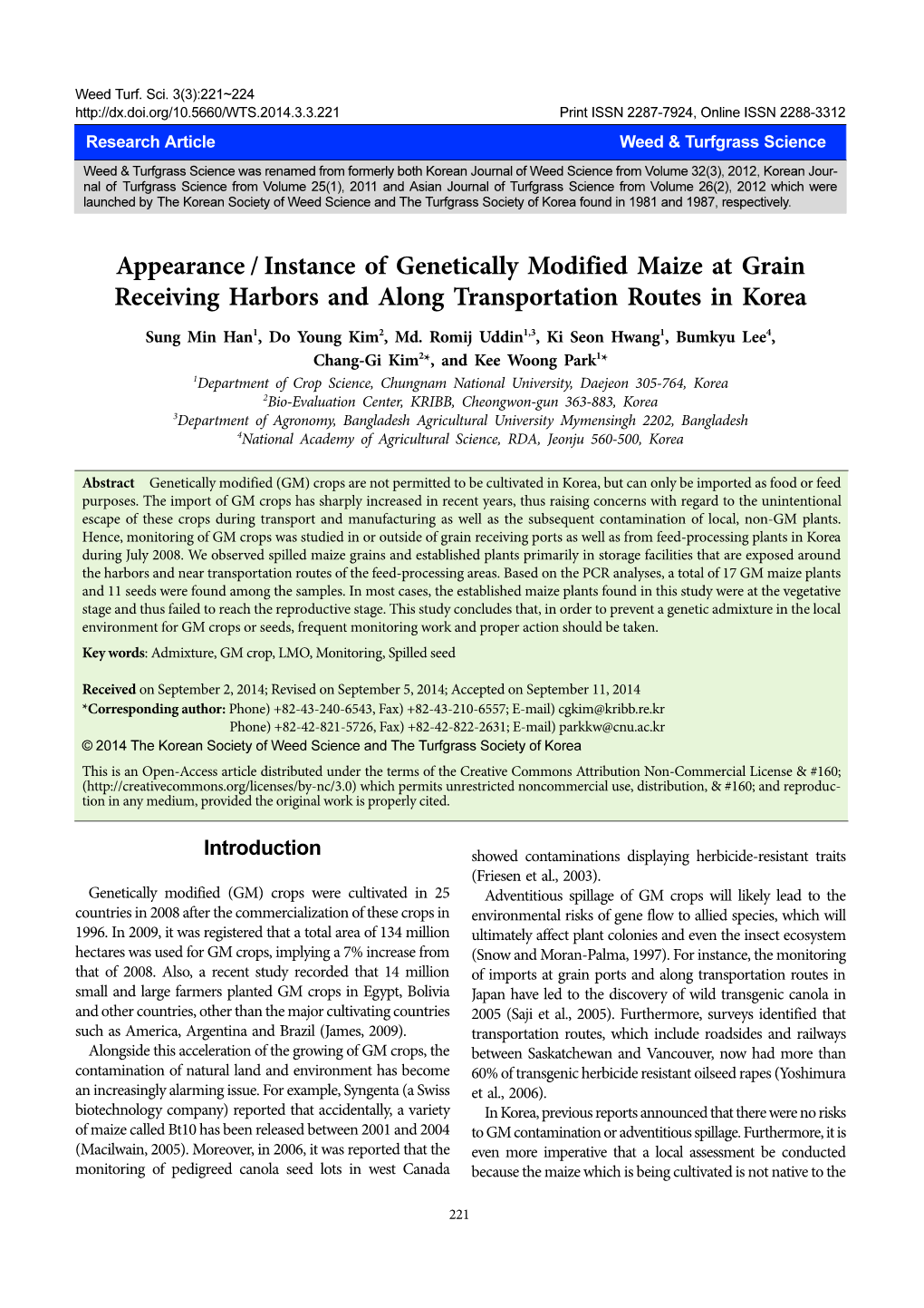 Appearance / Instance of Genetically Modified Maize at Grain Receiving Harbors and Along Transportation Routes in Korea