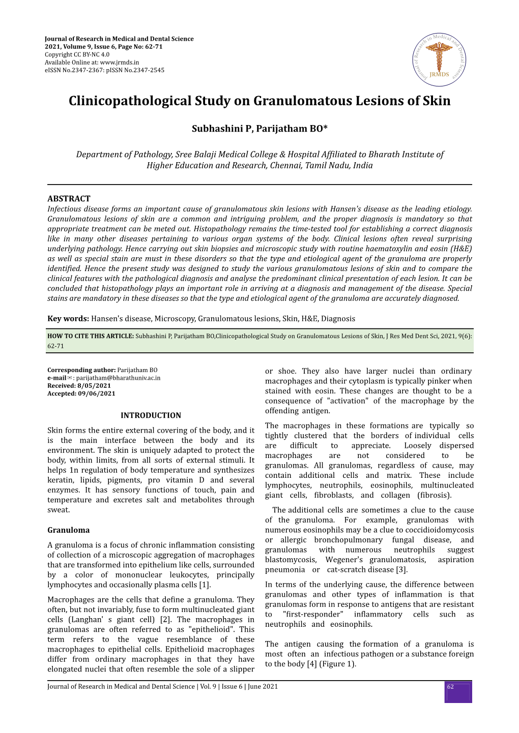 Clinicopathological Study on Granulomatous Lesions of Skin