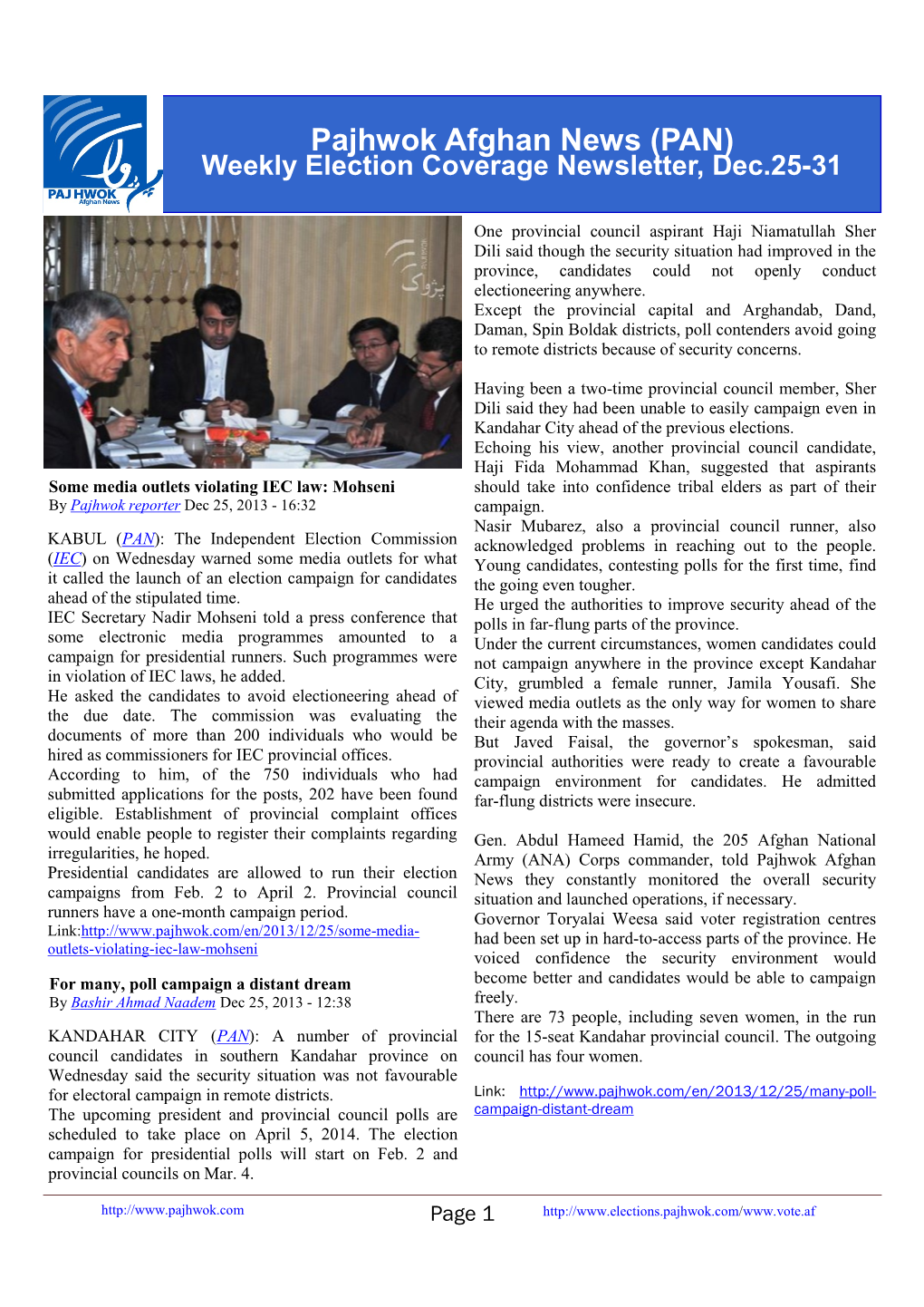 Pajhwok Afghan News (PAN) Weekly Election Coverage Newsletter, Dec.25-31