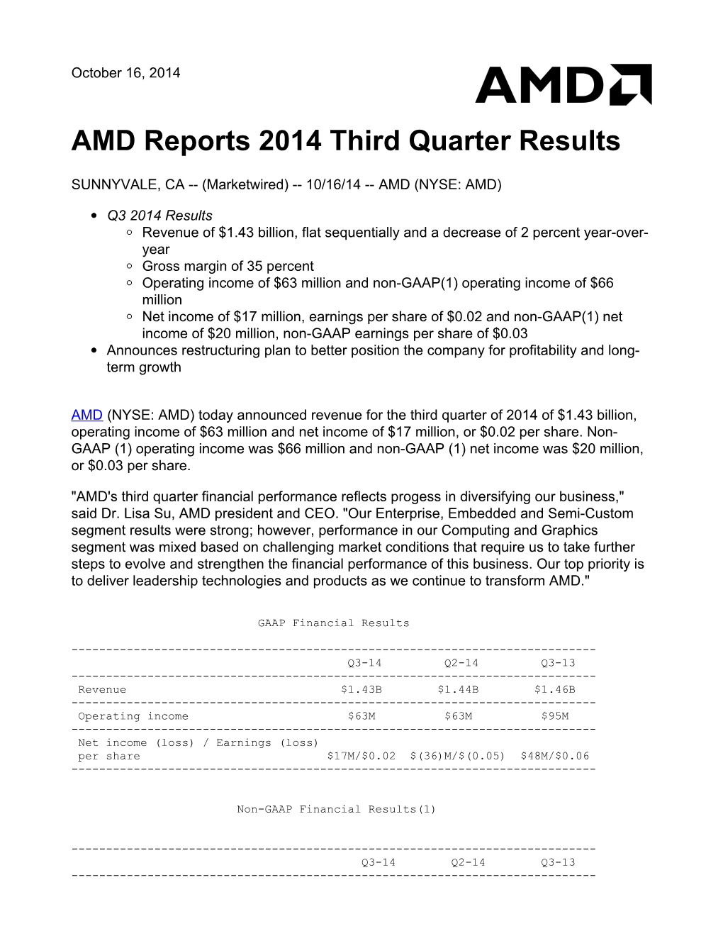 AMD Reports 2014 Third Quarter Results