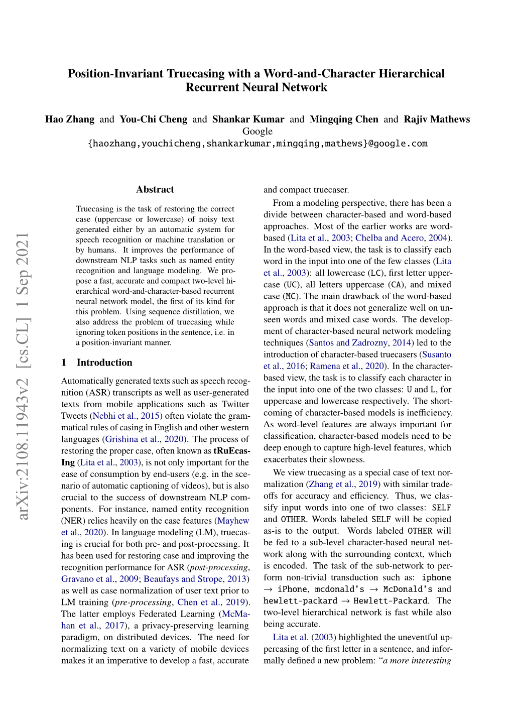 Position-Invariant Truecasing with a Word-And-Character Hierarchical Recurrent Neural Network