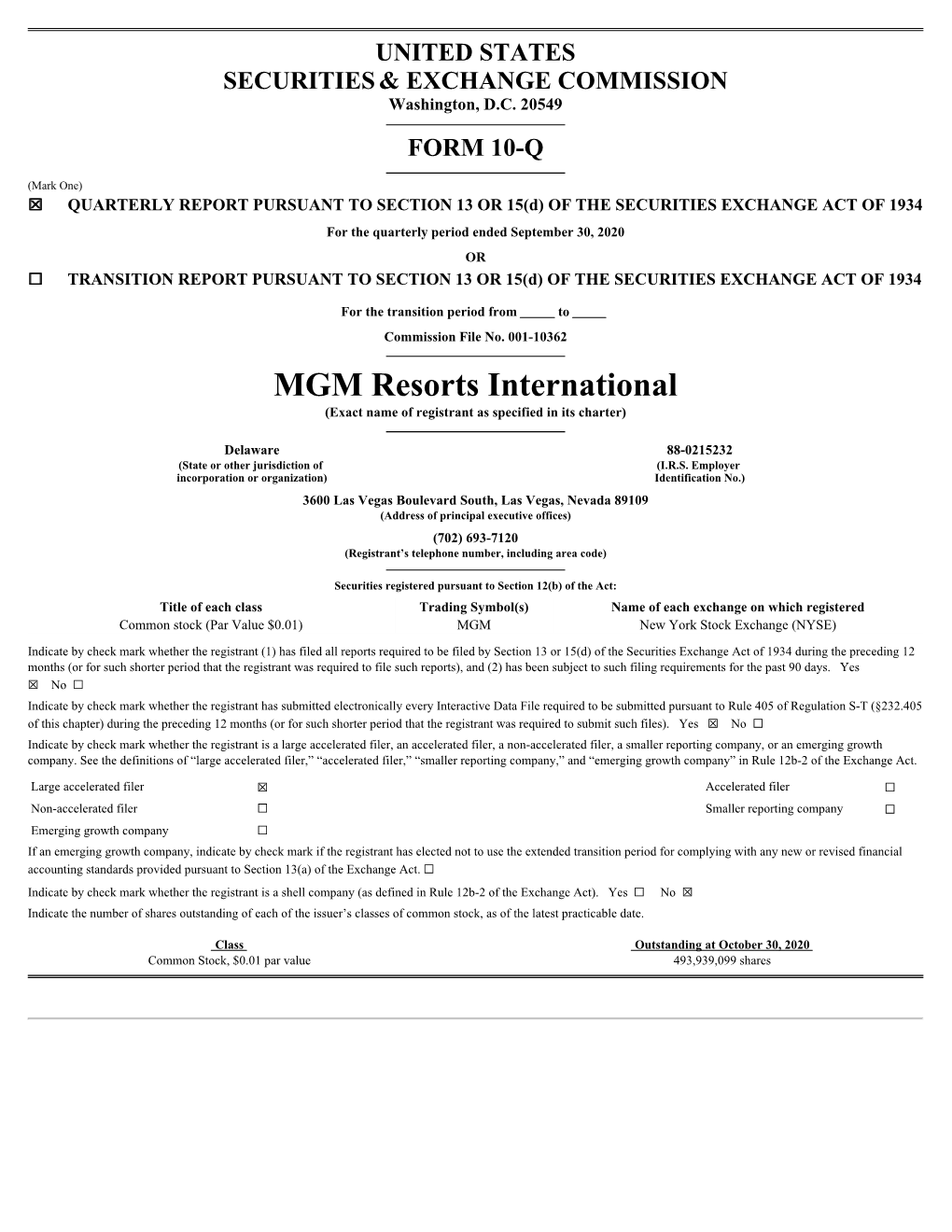 MGM Resorts International (Exact Name of Registrant As Specified in Its Charter)