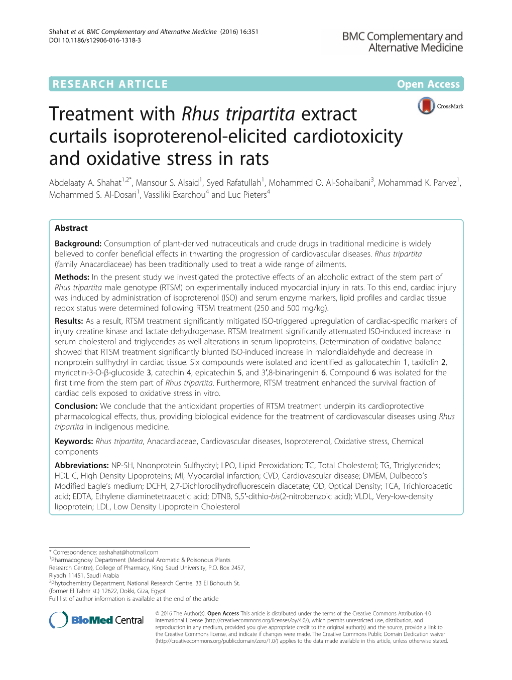 Treatment with Rhus Tripartita Extract Curtails Isoproterenol-Elicited Cardiotoxicity and Oxidative Stress in Rats Abdelaaty A