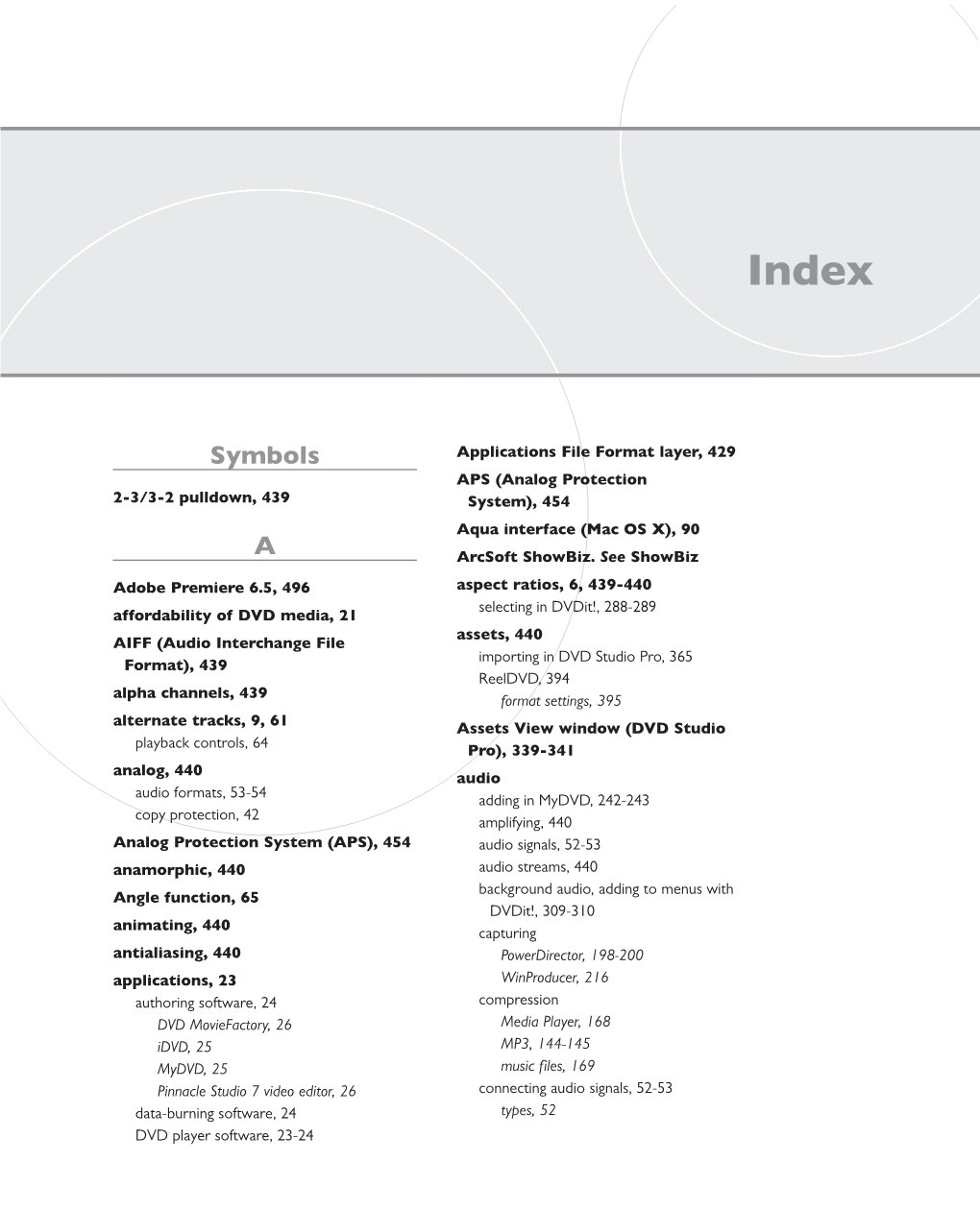 Symbols Applications File Format Layer, 429 APS (Analog Protection 2-3/3-2 Pulldown, 439 System), 454 Aqua Interface (Mac OS X), 90 a Arcsoft Showbiz