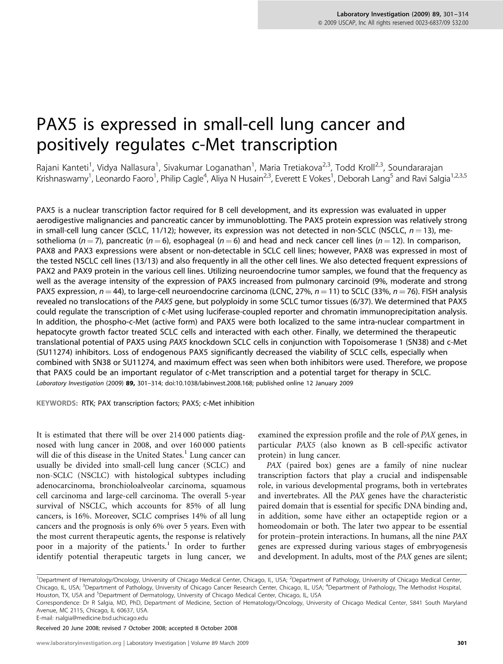 PAX5 Is Expressed in Small-Cell Lung Cancer and Positively Regulates C