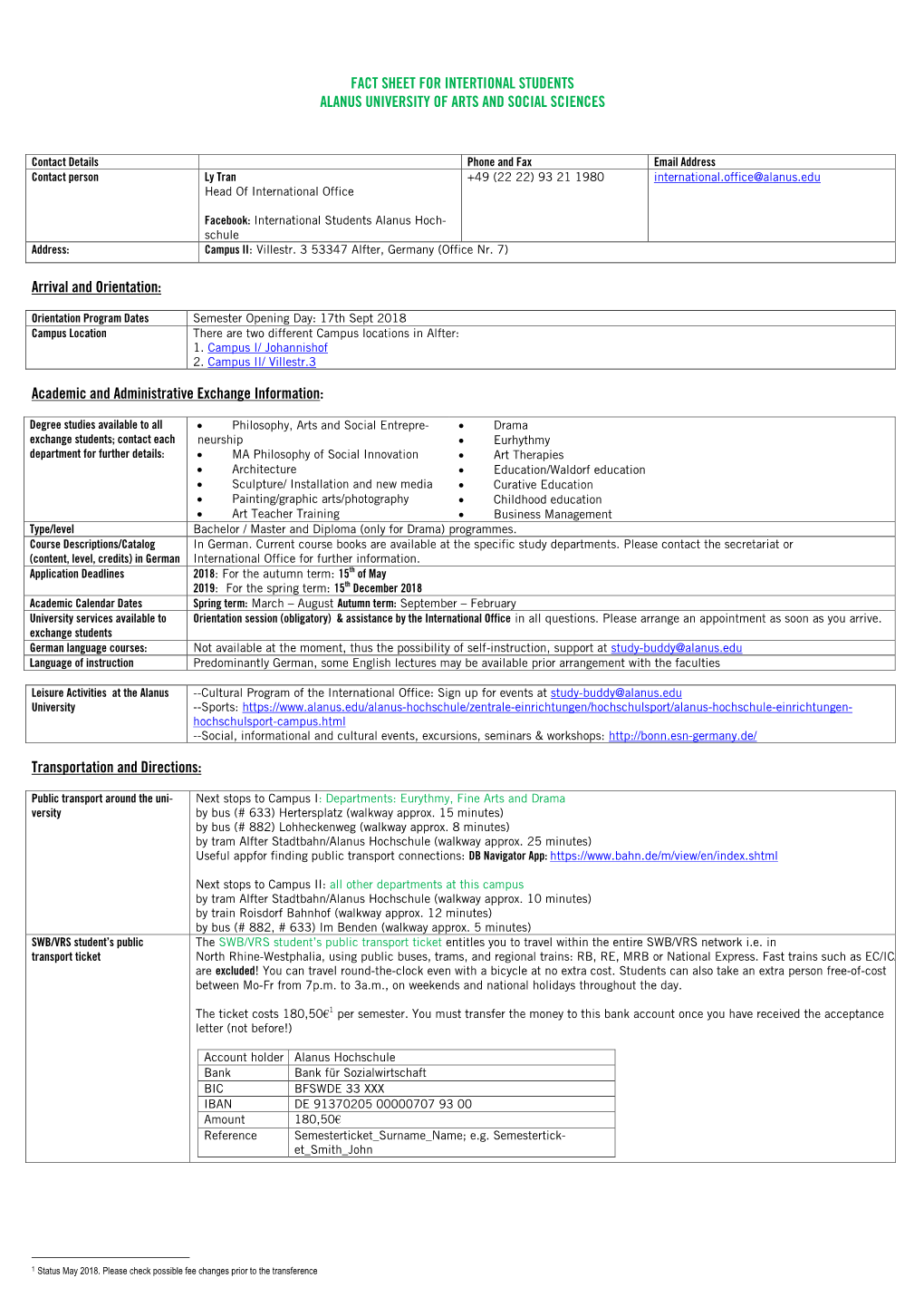 Fact Sheet for Intertional Students Alanus University of Arts and Social Sciences