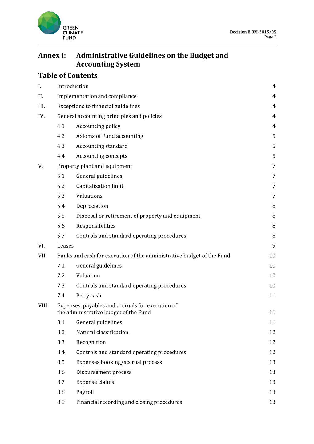 Annex I: Administrative Guidelines on the Budget and Accounting System Table of Contents I