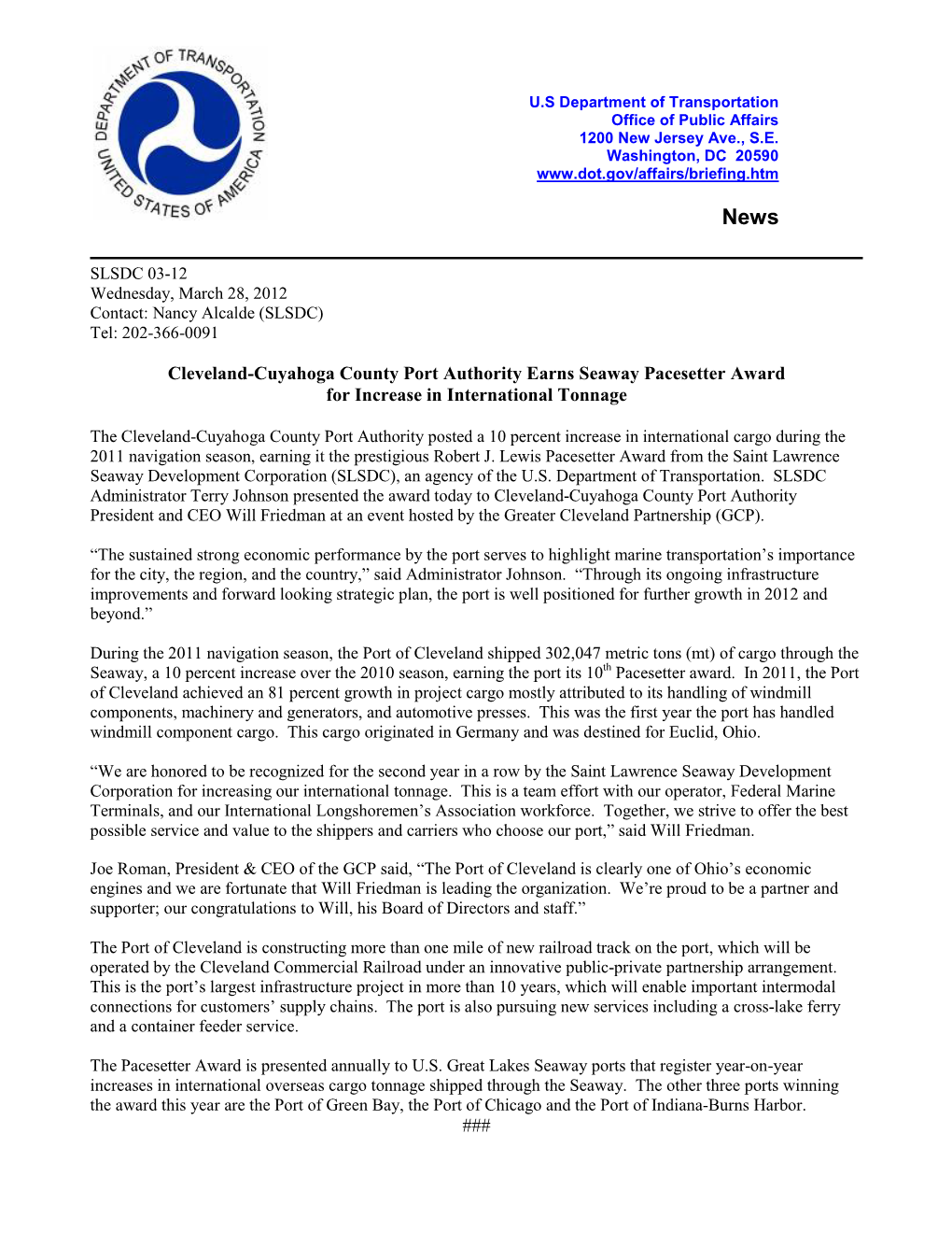 Cleveland-Cuyahoga County Port Authority Earns Seaway Pacesetter Award for Increase in International Tonnage