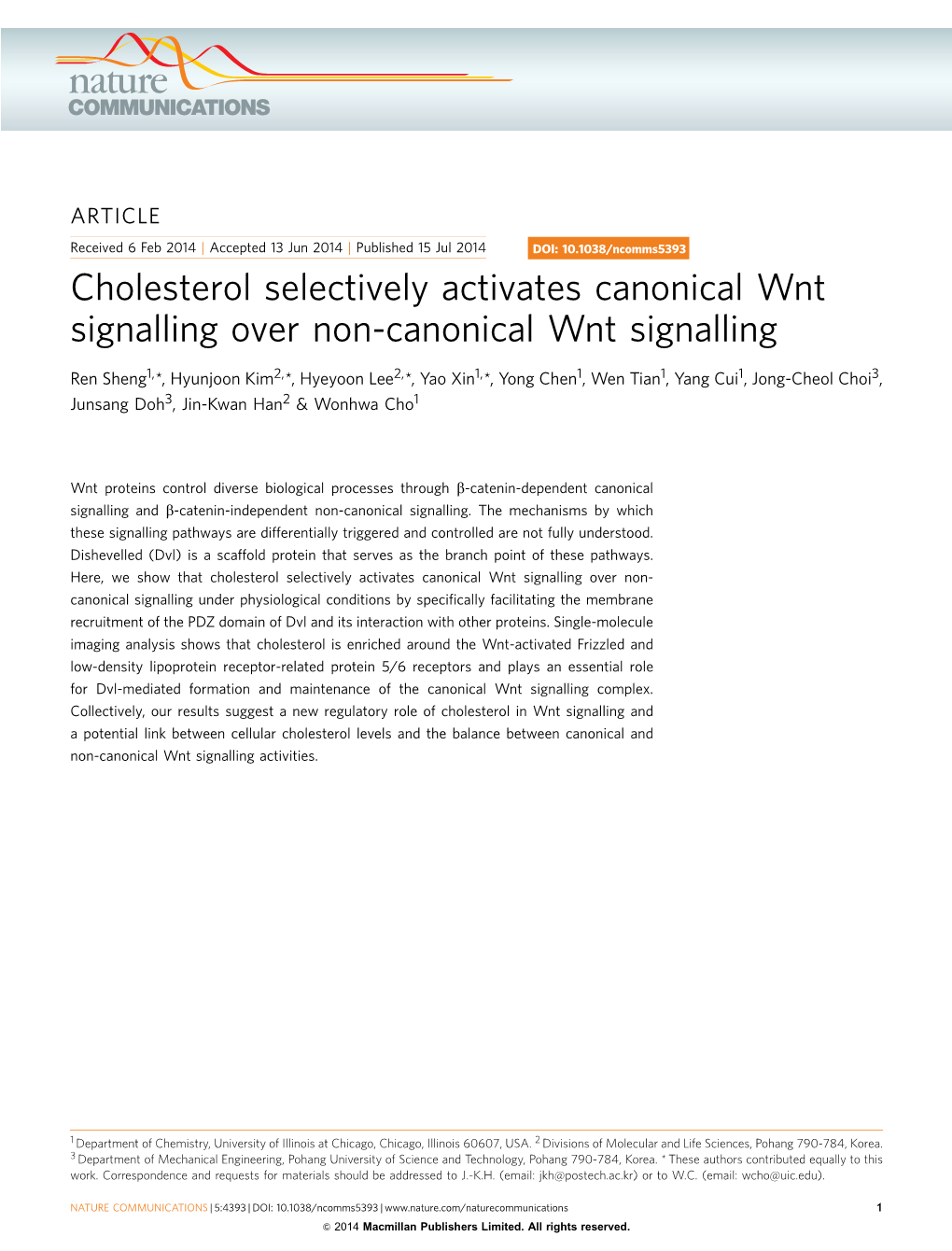 Cholesterol Selectively Activates Canonical Wnt Signalling Over Non-Canonical Wnt Signalling