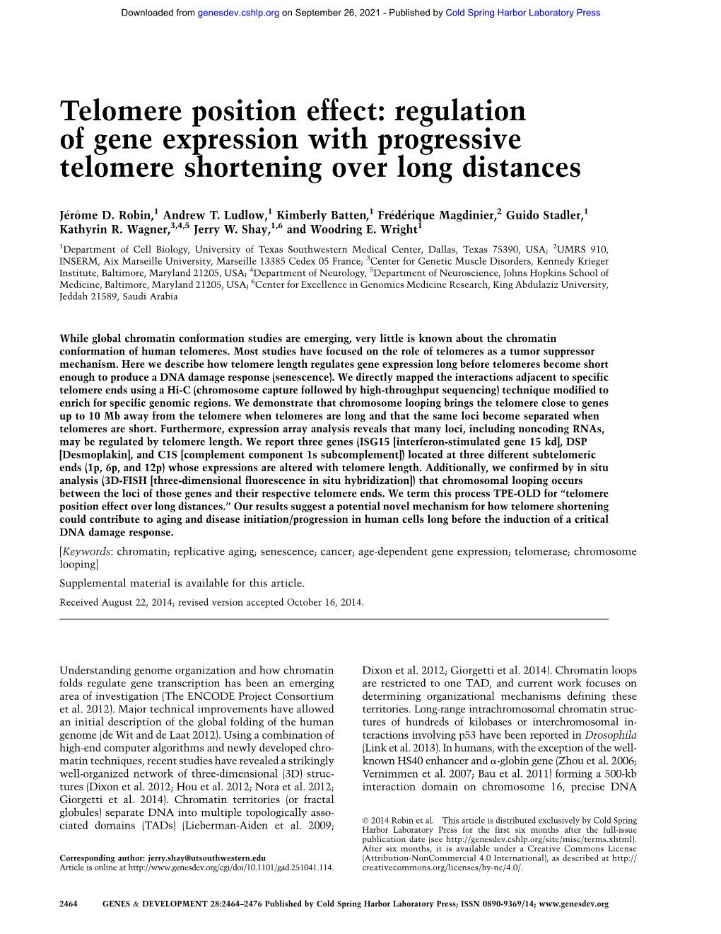 Regulation of Gene Expression with Progressive Telomere Shortening Over Long Distances