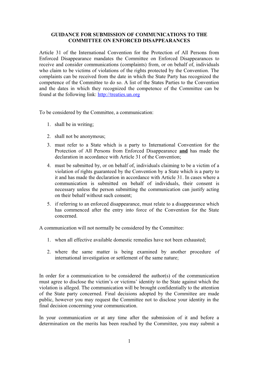 Guidance for Submission of Communications to the Committee on Enforced Disappearances