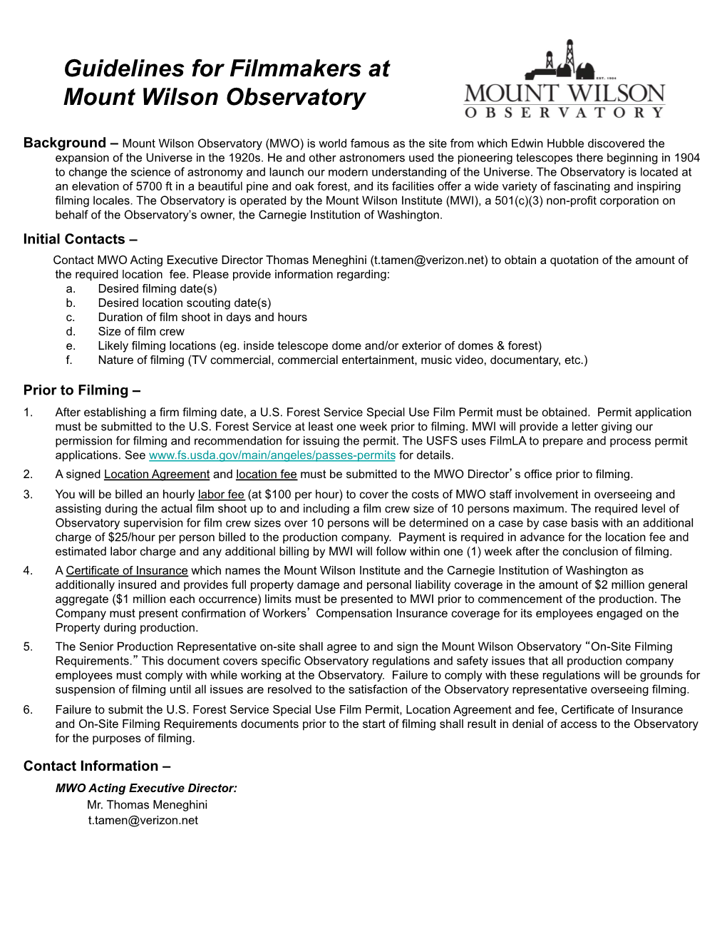 Guidelines for Filmmakers at Mount Wilson Observatory