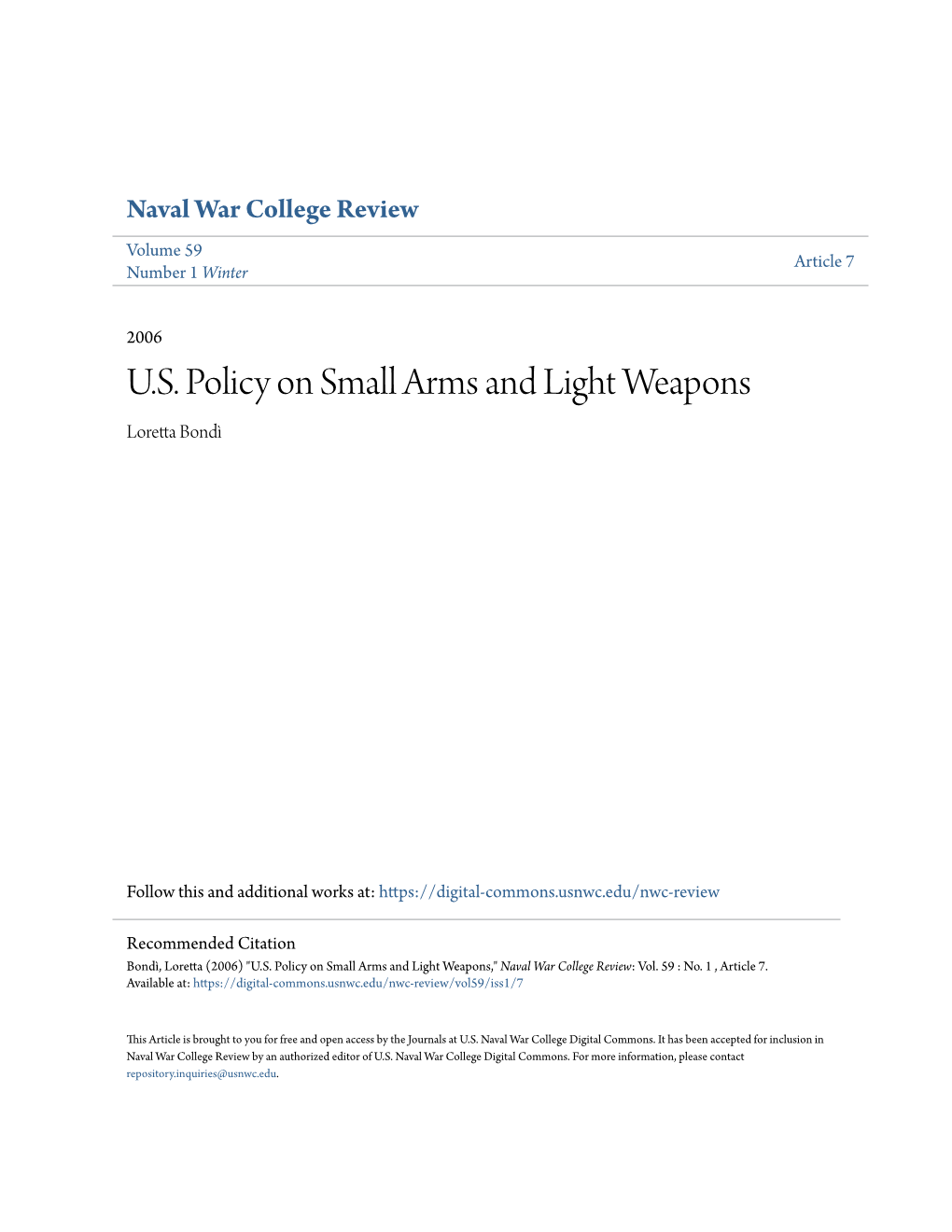 U.S. Policy on Small Arms and Light Weapons Loretta Bondì